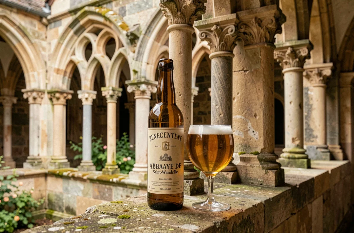 Bouteille de bière d'abbaye et calice doré posés sur un muret en pierre du cloître de l'Abbaye de Saint-Wandrille en Normandie