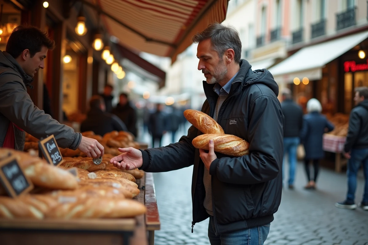 Client achetant une baguette à un étal de marché en plein air, illustrant le débat sur le prix de la baguette en France
