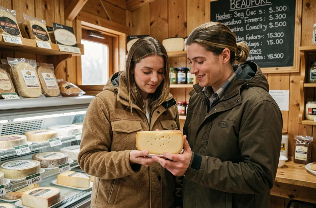 Couple achetant du Beaufort au kilo dans une boutique à la ferme en montagne