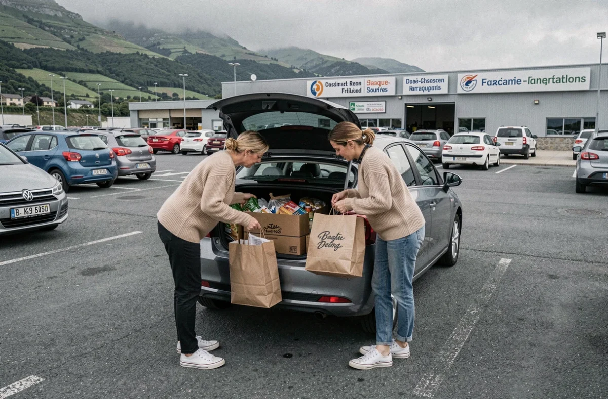 Deux femmes chargeant leurs achats transfrontaliers dans leur voiture dans un parking de marché basque franco-espagnol