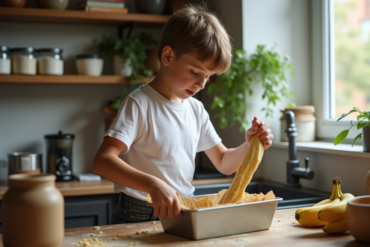 Adolescent versant la pâte à banana bread dans un moule