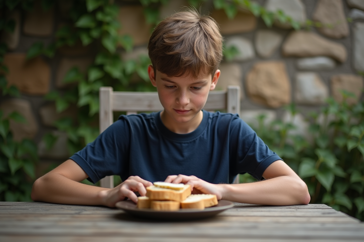Adolescent comptant des tranches de pain dans un jardin en matinée
