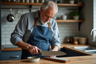 Homme d'âge moyen affûtant un couteau de cuisine avec un pierre à aiguiser