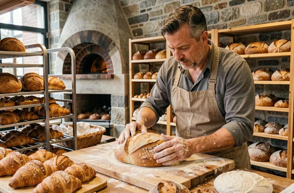 Boulanger artisan façonnant une miche de pain au levain dans les ateliers de la boulangerie-pâtisserie Alex Croquet à Villeneuve-d'Ascq