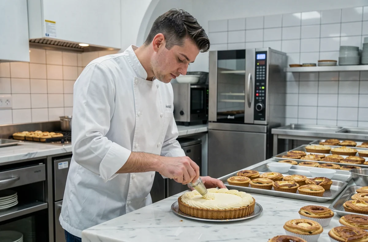 Pâtissier Alexis Deschamps en train de décorer une tarte dans son laboratoire à Anse
