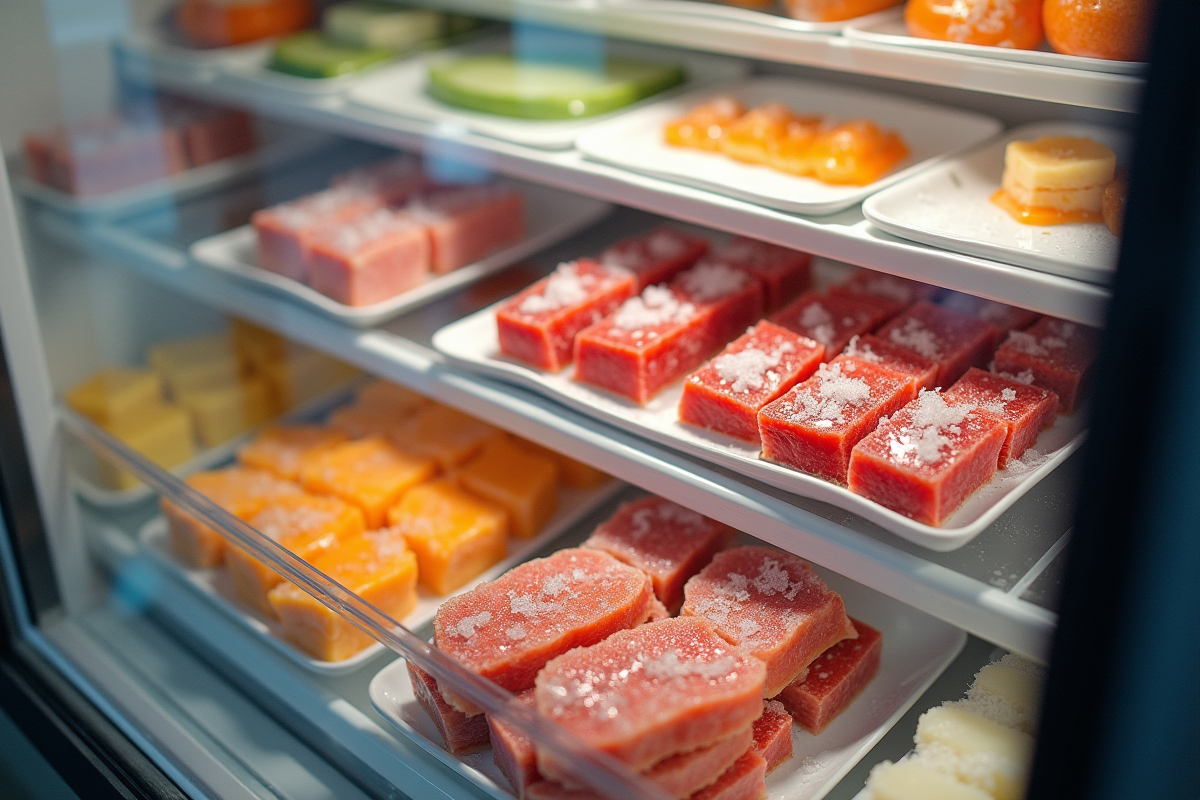Aliments congelés bien organisés dans un congélateur