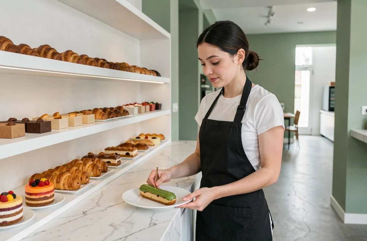Intérieur contemporain de la boulangerie Amande à Cesson-Sévigné avec des pâtisseries modernes sur un comptoir en marbre