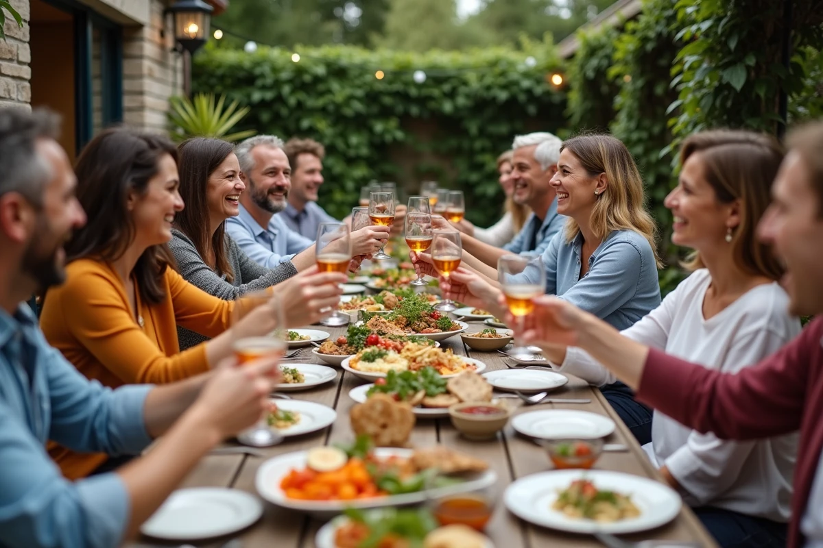 Amis dégustant un repas en plein air autour d