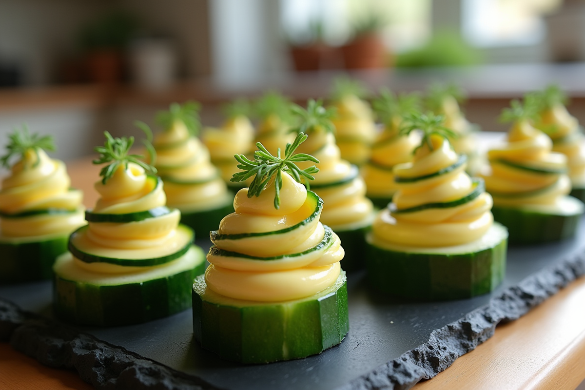 Gourmet amuse-bouches avec spirales de concombre et fromage