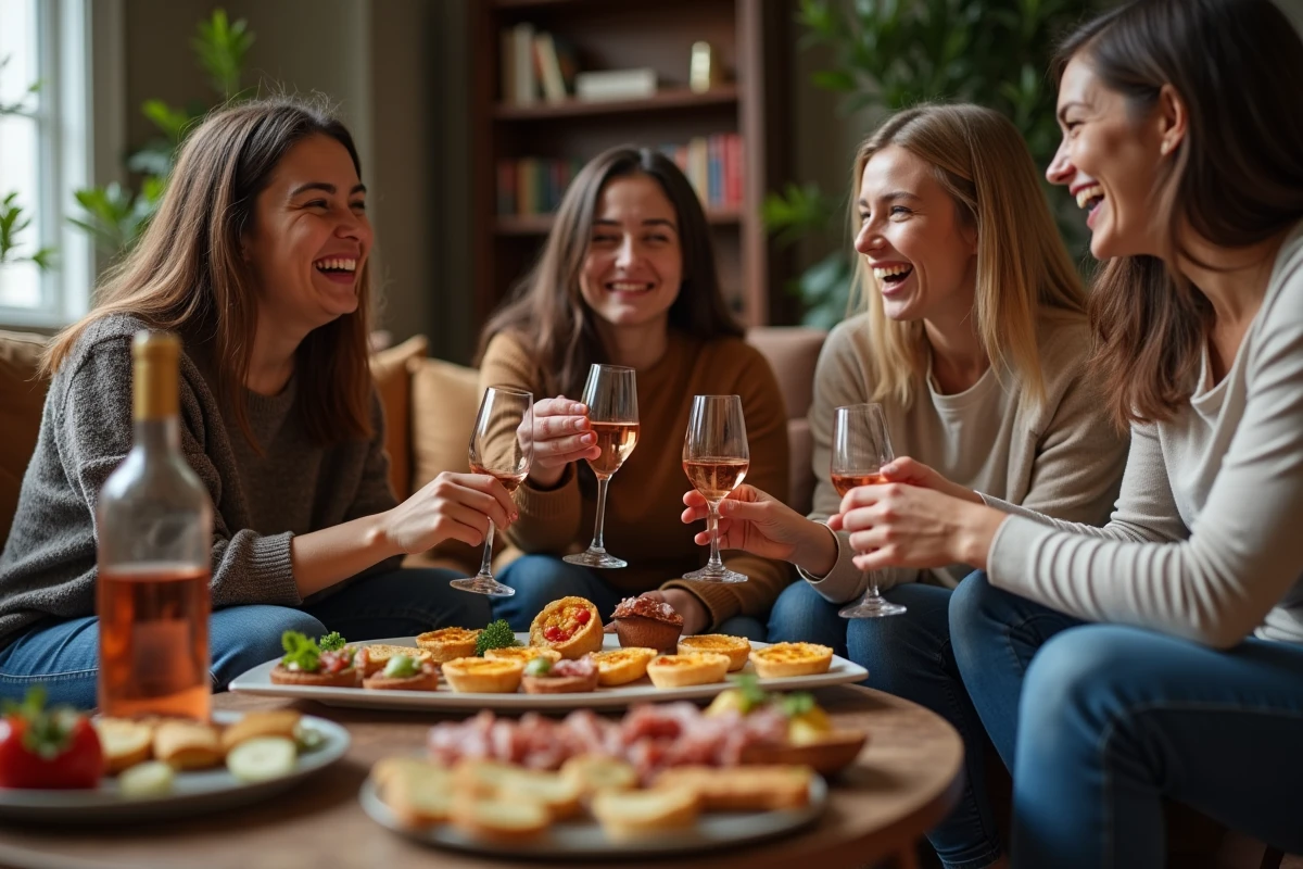 Amis réunis autour d'un apéro dinatoire convivial dans un salon cosy avec plateau de finger foods