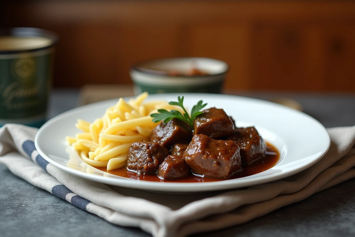 Assiette de carbonnade flamande à la bière ch'ti avec tagliatelles beurrées dans un décor de brasserie belge authentique