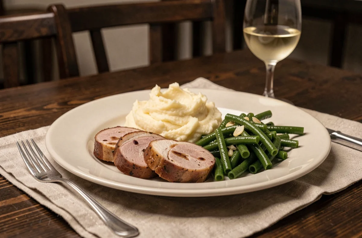 Assiette complète de filet mignon de porc avec purée maison et haricots verts sautés pour un dîner rapide
