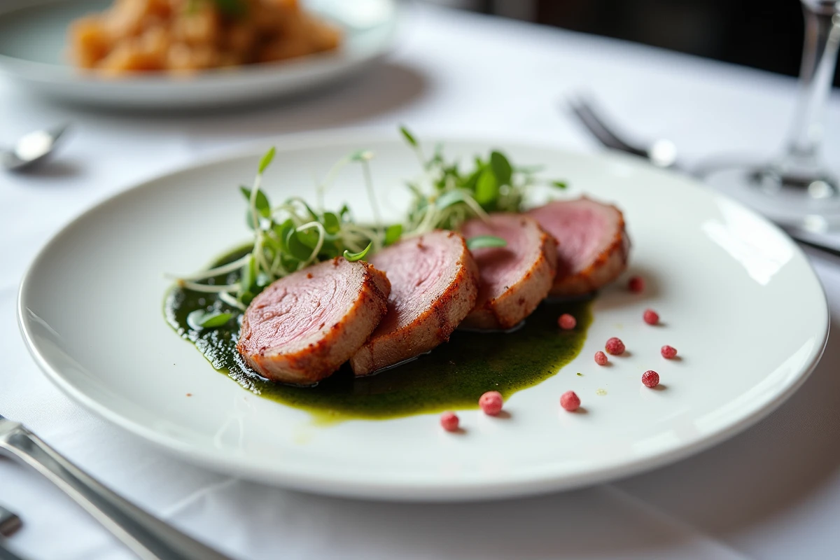Assiette gastronomique de magret de canard tranché avec sauce au poivre vert crémeux et microgreens, présentation restaurant