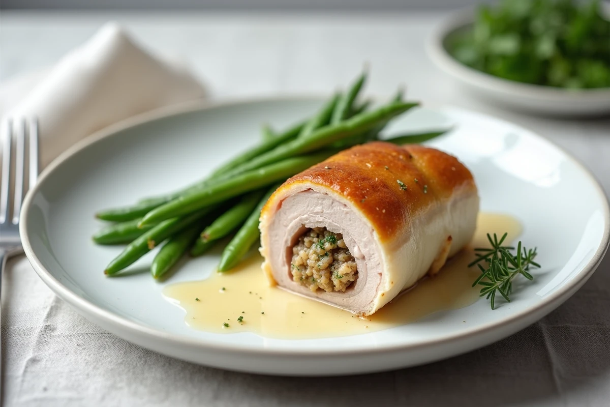 Tranche de paupiette de porc allégée servie sur assiette blanche avec haricots verts et jus léger