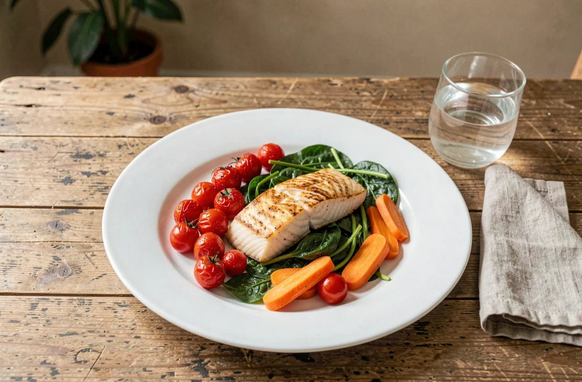 Assiette de poisson blanc avec légumes rôtis et épinards sautés sur une table en bois, repas du soir fait maison