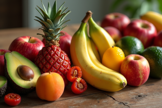 Assortiment de fruits frais sur une table en bois
