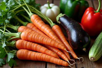 Assortiment de légumes en V sur une table en bois
