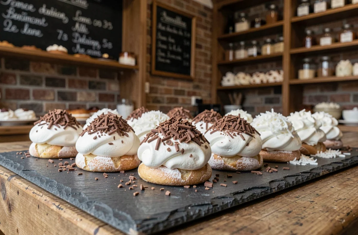 Merveilleux garnis de crème fouettée et de copeaux de chocolat présentés sur une ardoise dans la pâtisserie Aux Merveilleux de Fred à Lille