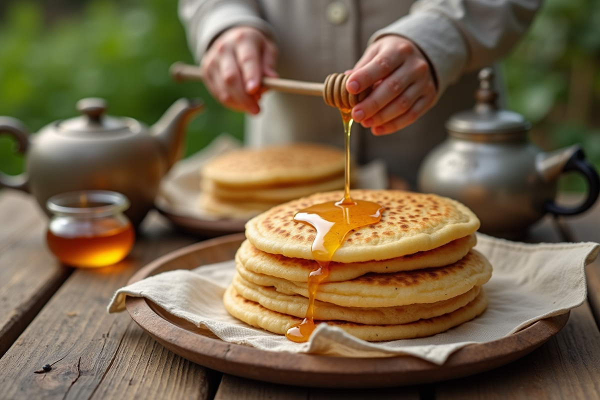 Gros plan de baghrirs avec miel versé sur une table rustique