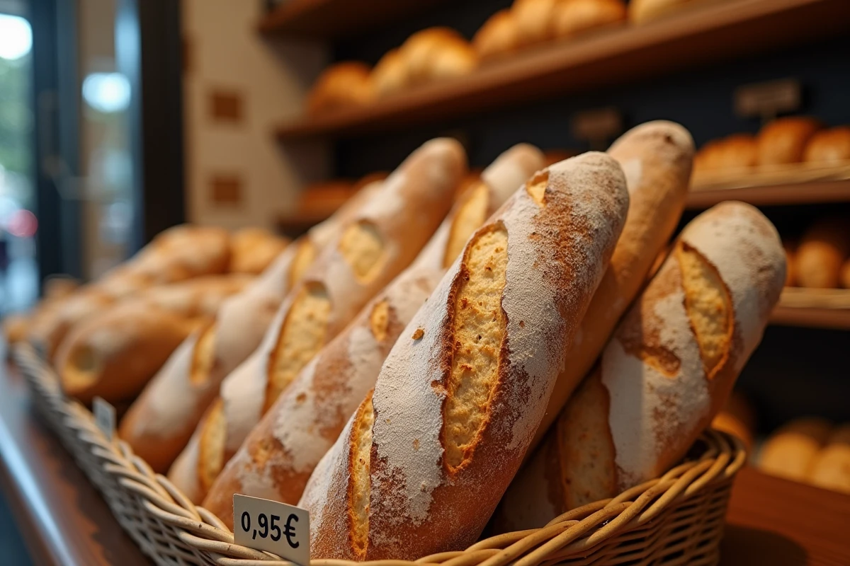 Gros plan sur des baguettes tradition dans un panier en osier avec une étiquette de prix à moins d'un euro en boulangerie