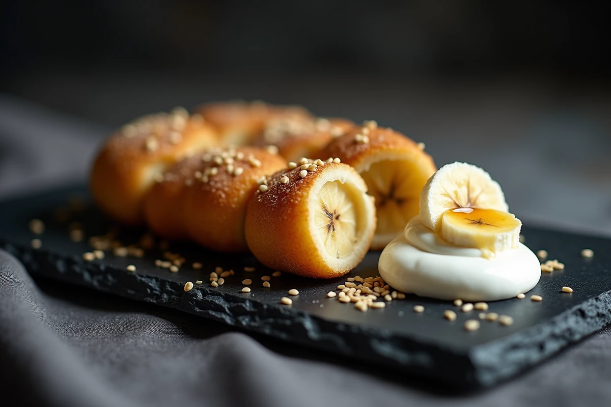 Gros plan d'un beignet à la banane coupé en deux avec une quenelle de yaourt et du miel sur une ardoise noire