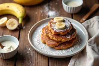 Assiette de beignets à la banane dorés saupoudrés de sucre glace avec un bol de yaourt sur une table en bois rustique