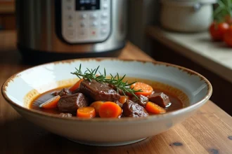 Boeuf carotte traditionnel servi dans un bol en céramique blanche avec carottes glacées et thym frais, mijoteuse Cookeo visible en arrière-plan