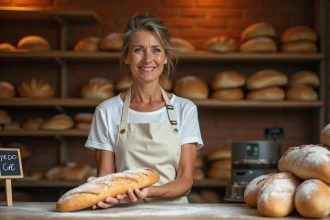 Boulangère tenant une baguette fraîche devant le comptoir d'une boulangerie avec un prix affiché à moins d'un euro