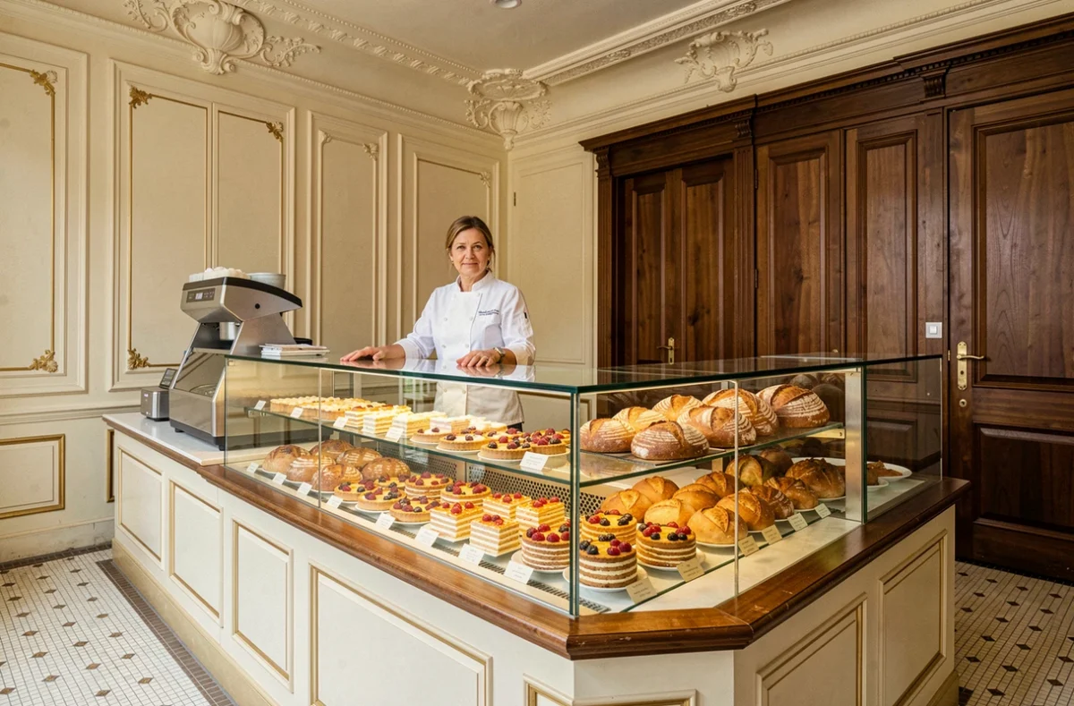 Vitrine de la Boulangerie Hoche à Rennes avec des pâtisseries classiques disposées dans une devanture au décor vintage élégant