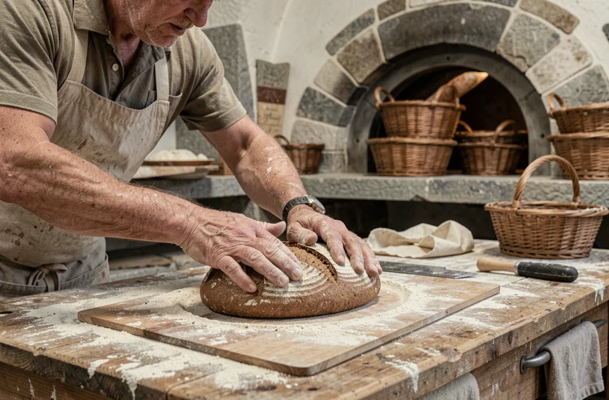 Artisan boulanger de la Boulangerie Nicolas en Bretagne en train de scarifier une miche de pain de seigle avant la cuisson