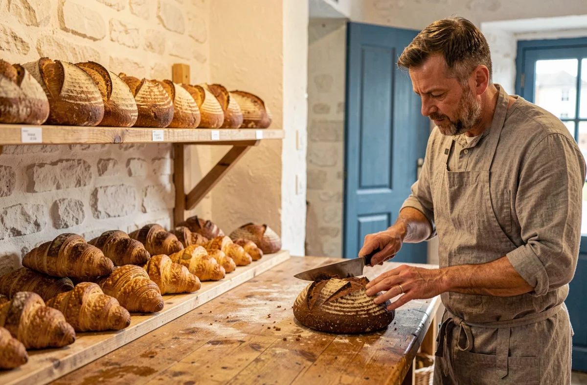 Intérieur de la Boulangerie des Plomarc'h à Douarnenez avec des pains de campagne et croissants exposés sur des étagères en bois