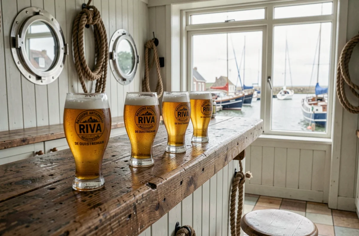 Bar de dégustation de la Brasserie Artisanale de Ouistreham Riva avec des verres de bière sur un comptoir en bois et vue sur le canal en arrière-plan