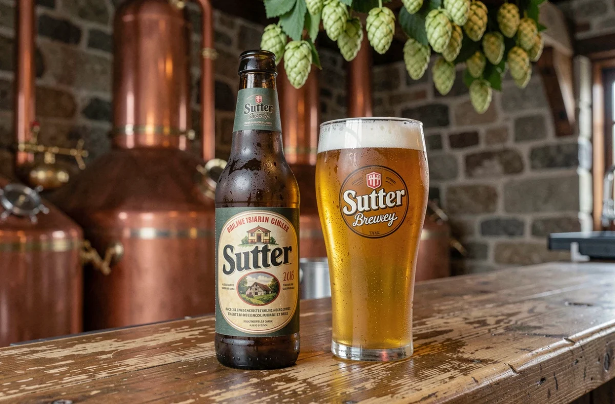 Bouteille et verre de bière artisanale de la Brasserie de Sutter posés sur un comptoir en bois avec cuves de brassage en arrière-plan