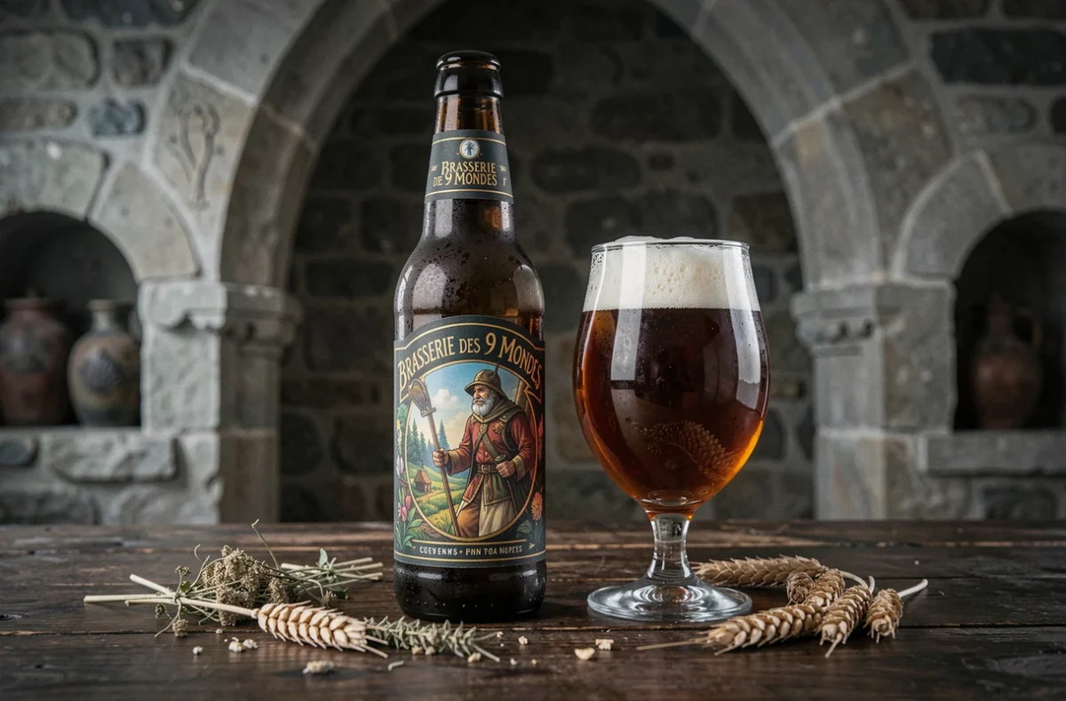 Bouteille illustrée de la Brasserie des 9 Mondes avec un verre gobelet de bière ambrée sur une table en bois dans une cave en pierre normande