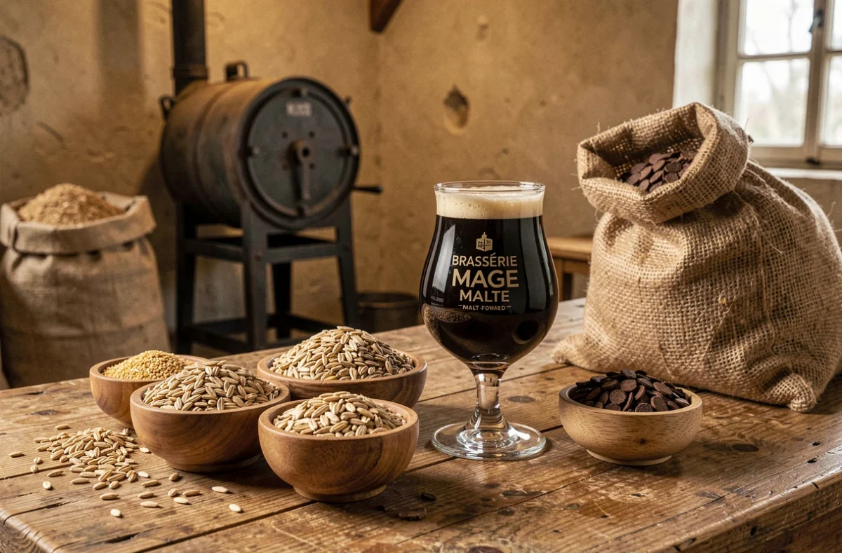 Verres de bière brune de la Brasserie Mage Malte avec des bols de grains de malt et du matériel de brassage artisanal dans une brasserie normande