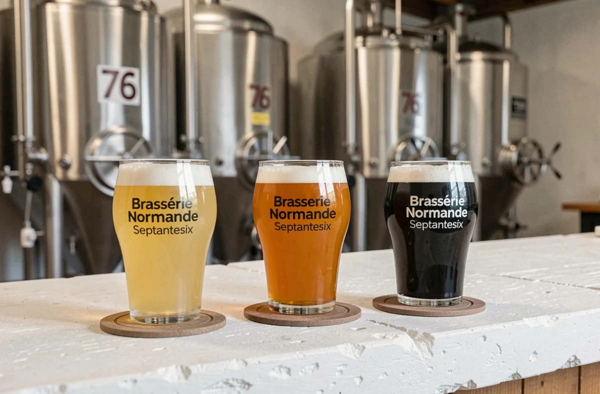 Trois verres de bière blonde, ambrée et brune de la Brasserie Normande Septantesix alignés sur un comptoir en pierre avec des cuves inox en arrière-plan