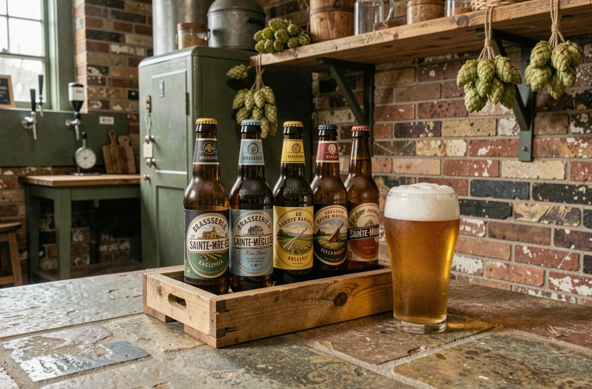 Bouteilles de bière artisanale de la Brasserie de Sainte-Mère-Église alignées sur une caisse en bois avec un verre de bière mousseuse dans un décor de brasserie normande