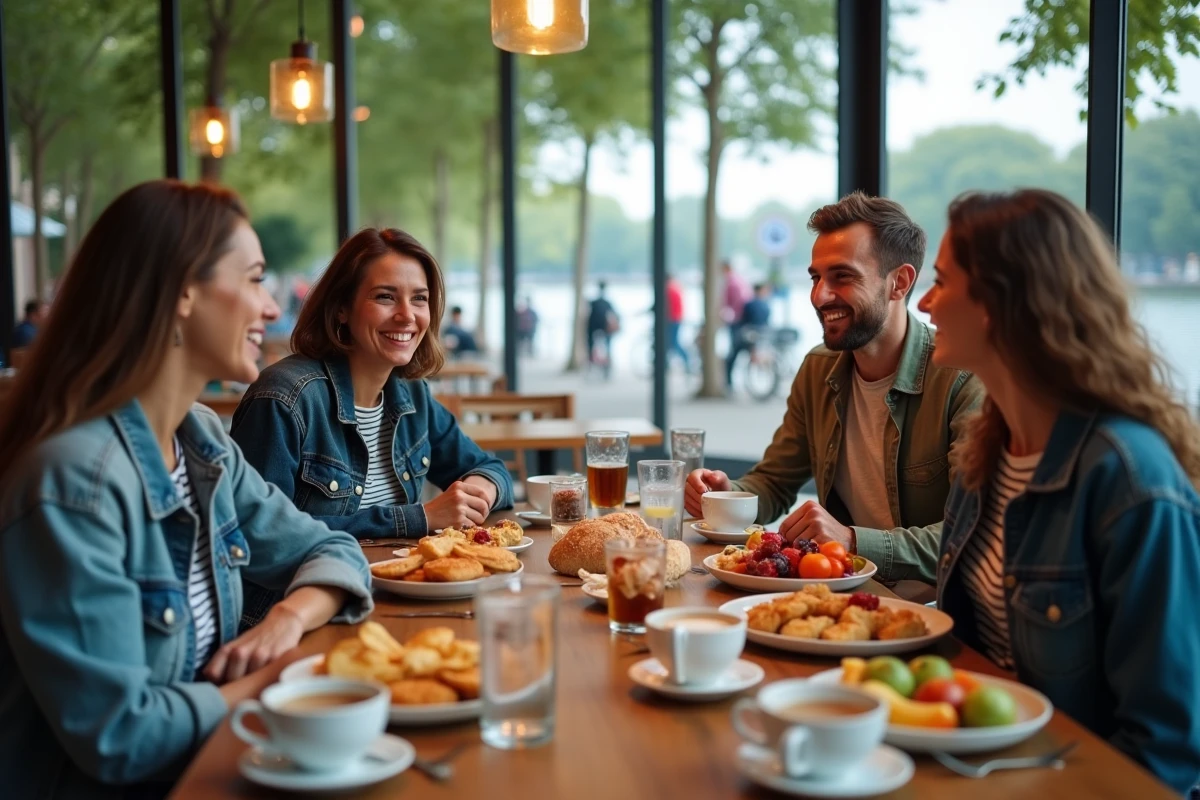 Groupe d'amis partageant un brunch convivial dans un café-restaurant près du lac de Bordeaux