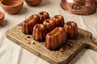 Six canelés dorés et caramélisés disposés sur une planche en bois rustique, idéaux pour un goûter ou un brunch fait maison