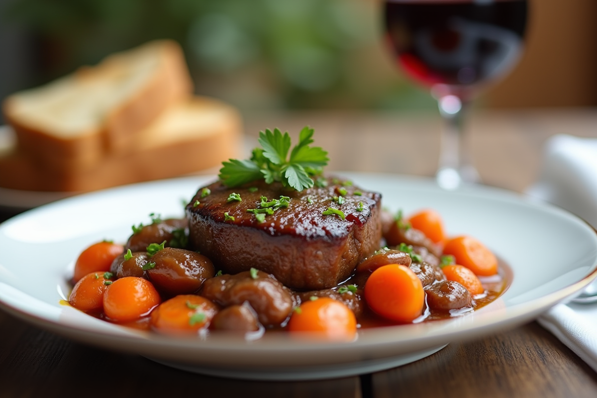 Assiette de carbonade de boeuf avec carottes et herbes