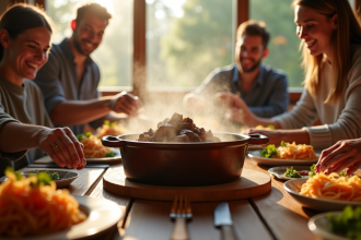 Carbonade de boeuf en cocotte avec famille souriante