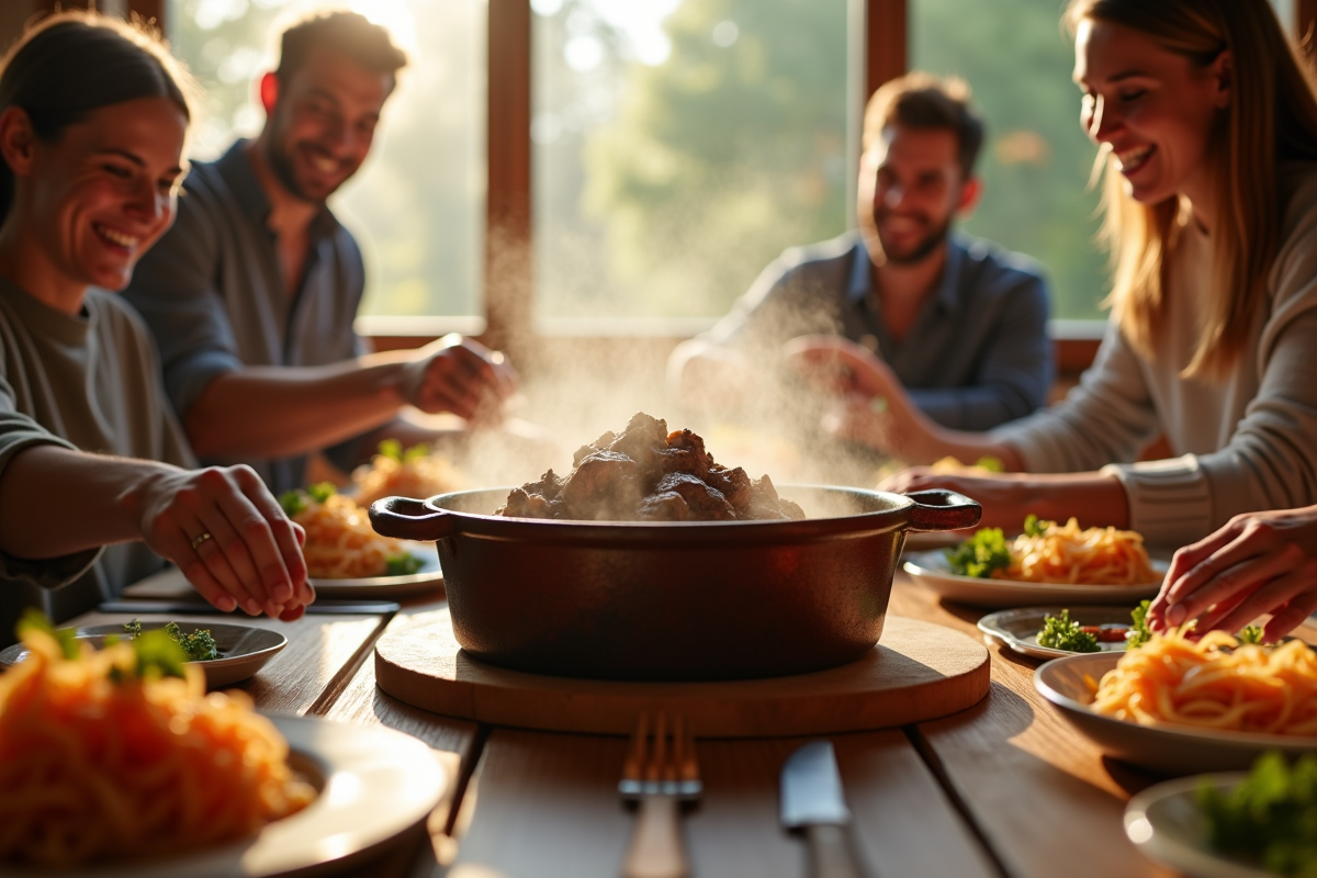Carbonade de boeuf en cocotte avec famille souriante