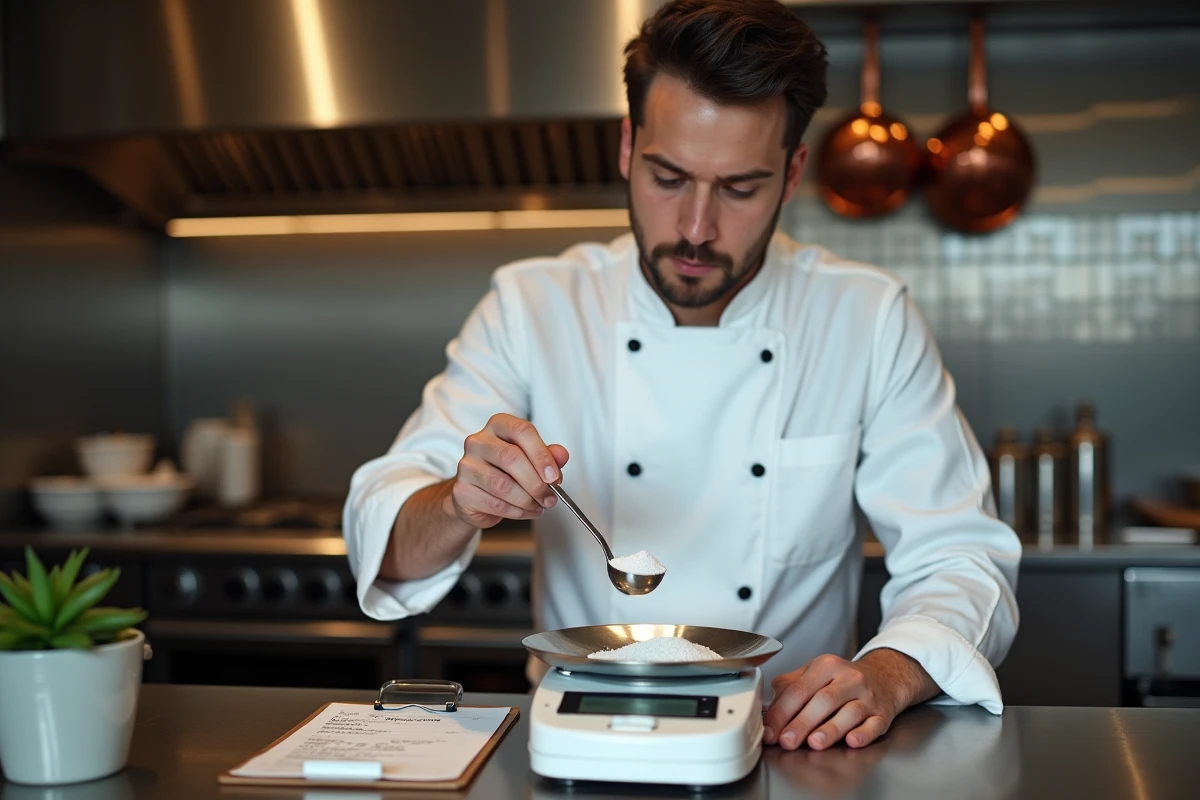 Chef professionnel comparant une cuillère de sel à une balance de précision dans une cuisine de restaurant pour maîtriser les conversions culinaires