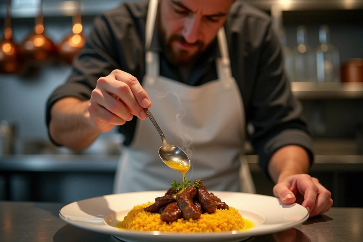 Chef cuisinier d'un restaurant de Lille dressant un plat de cuisine nord-africaine avec couscous et agneau braisé dans une cuisine professionnelle