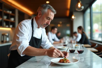 Chef en cuisine moderne arrangeant un plat délicat dans un restaurant élégant