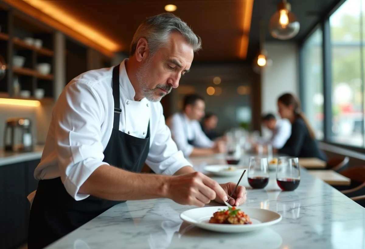 Chef en cuisine moderne arrangeant un plat délicat dans un restaurant élégant
