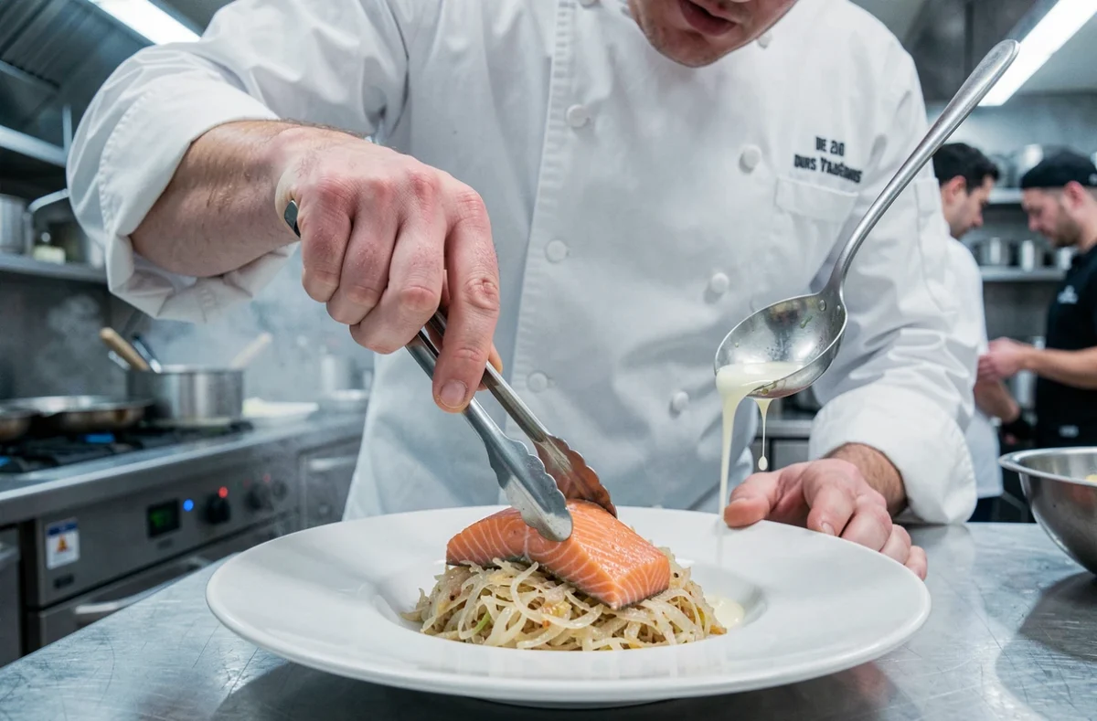 Chef alsacien en train de dresser une choucroute de la mer avec filet de saumon poché dans un restaurant gastronomique