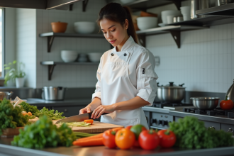 Jeune chef femme coupant des légumes dans une cuisine moderne