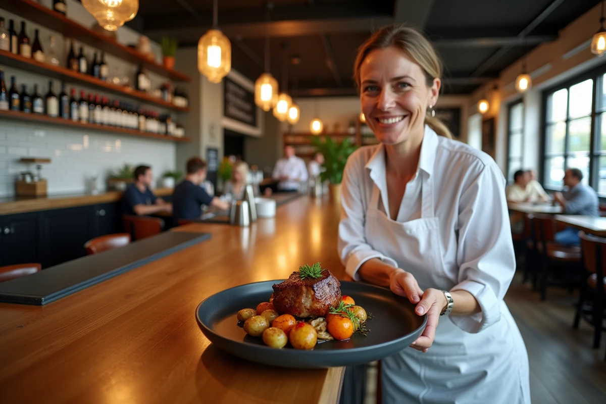 Chef de cuisine présentant un plat gastronomique dans une brasserie moderne du quartier Lac à Bordeaux