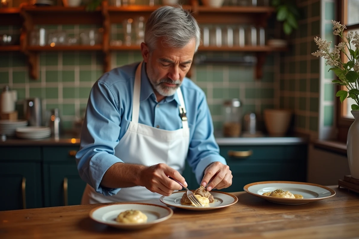 Chef en cuisine dressant des rognons de veau dans une sauce blanche